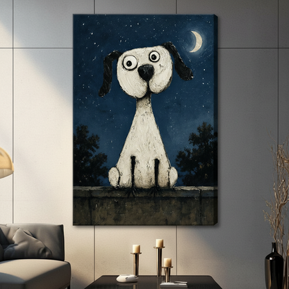 Canvas wrap quirky white dog gazing at night sky art print hung in contemporary living room with grey sofa and dried botanicals