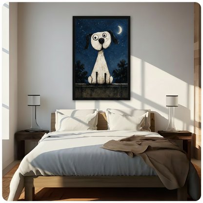 Black framed quirky dog gazing at starry night sky canvas print hung above wooden bed in sunlit minimalist bedroom