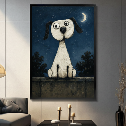 Black framed whimsical white dog under crescent moon canvas art print displayed in dark modern living room with candlestick decor
