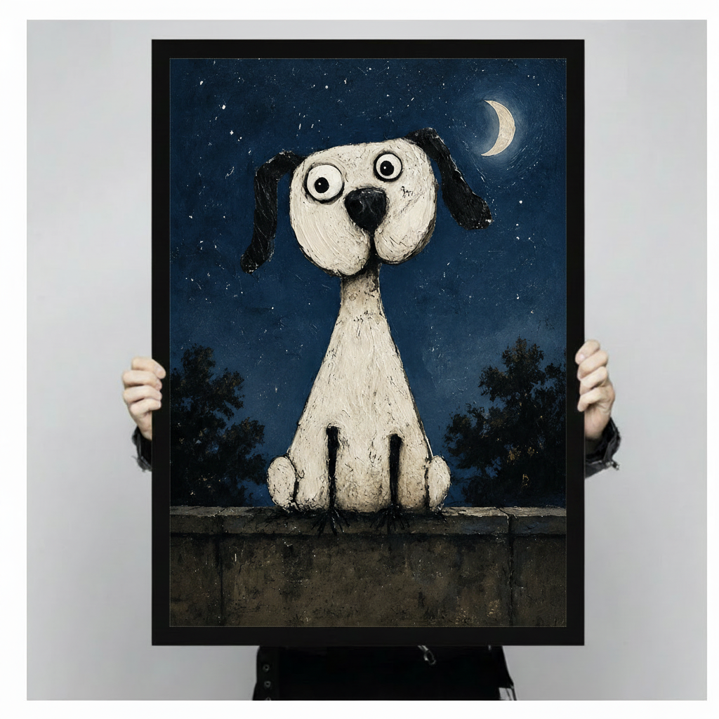 Hand-held black framed whimsical white dog under crescent moon art print showing full artwork size and print quality