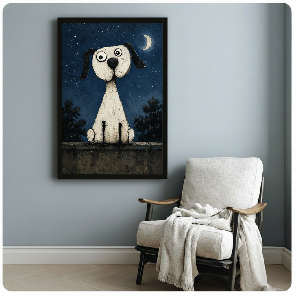 Whimsical dog night sky framed canvas print on blue-grey wall beside mid-century armchair with throw blanket