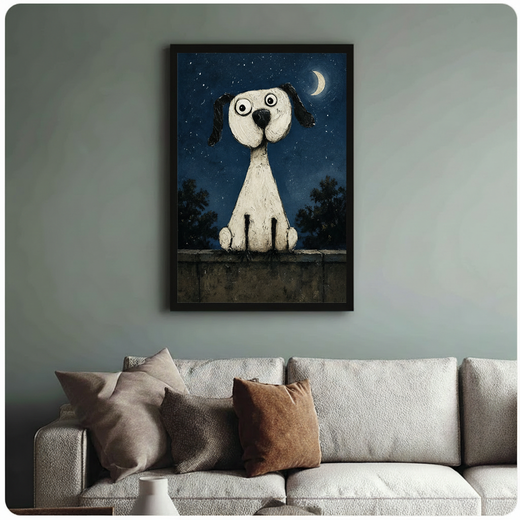 Black framed painterly white dog crescent moon wall art print on sage green wall above linen sofa in bright living room