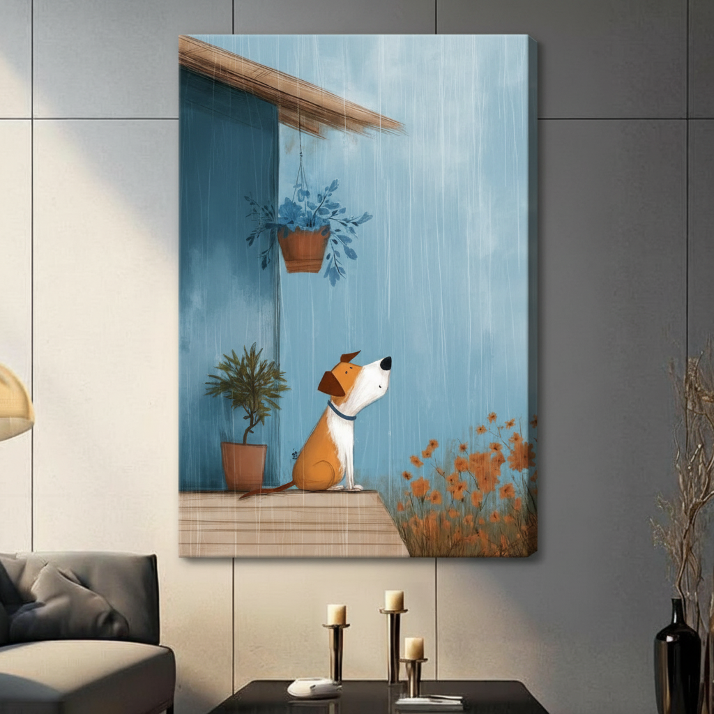 Stretched canvas wall art of a heartwarming storybook scene featuring a little brown and white dog seated on a wooden porch gazing up at a hanging basket of greenery amid gentle falling rain, with orange flowers and a terracotta plant on a soft blue background, hung on a light gray wall beside a modern gray sofa with candlestick decor