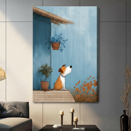 Stretched canvas wall art of a heartwarming storybook scene featuring a little brown and white dog seated on a wooden porch gazing up at a hanging basket of greenery amid gentle falling rain, with orange flowers and a terracotta plant on a soft blue background, hung on a light gray wall beside a modern gray sofa with candlestick decor