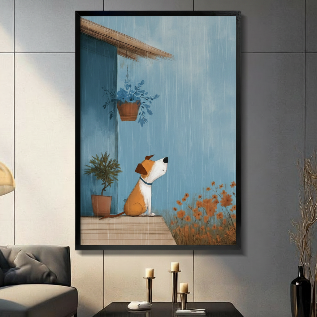 Black framed whimsical brown and white dog sitting on a porch in the rain canvas art looking up at a hanging plant beneath the eaves with a potted plant and orange wildflowers against a serene blue wall, displayed on a light gray wall above a black table with candlesticks beside a gray sofa