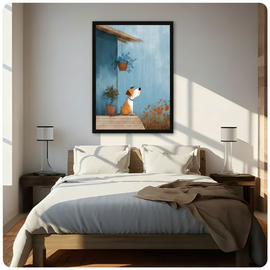 Black framed whimsical brown and white dog sitting on a porch in the rain canvas art looking up at a hanging plant with orange wildflowers on a tranquil blue background, hung above a wooden bed frame in a sun-drenched minimalist bedroom with crisp white linen bedding and matching cylindrical nightstand lamps
