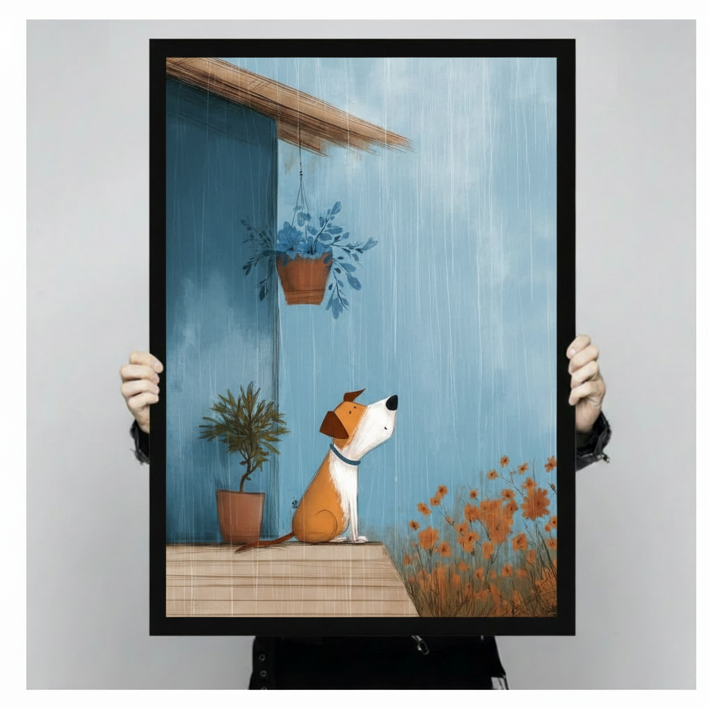 Person holding a large vertical black framed whimsical dog on a porch in the rain canvas art print showing a brown and white dog gazing up at a hanging plant beneath the eaves with orange flowers and a terracotta pot against a soft blue background in a light gray studio setting