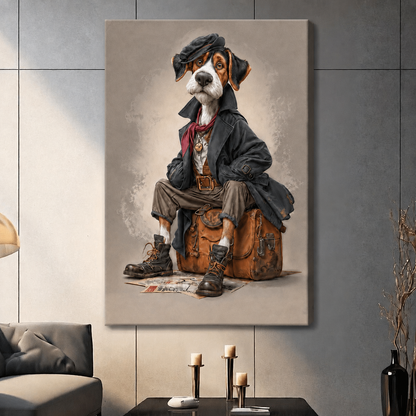 Large unframed canvas print featuring a whimsical dog traveler wearing a dark coat and red scarf, seated on a brown leather suitcase in a contemporary living room