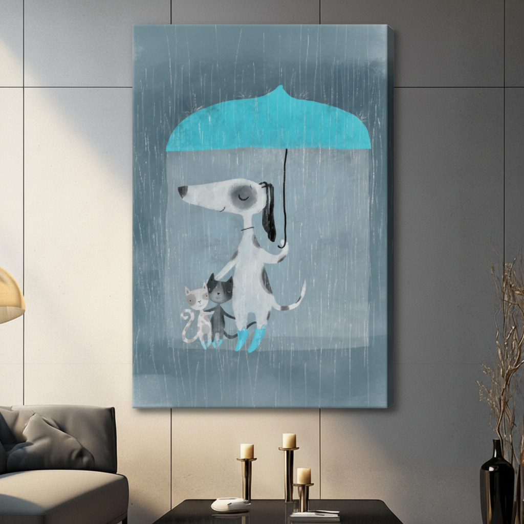 Stretched canvas wall art of a heartwarming storybook scene featuring a white dog in teal rain boots holding a blue umbrella with its tail while protecting two small cuddling kittens from the rain on a muted gray-blue background, hung on a dark gray tile wall beside a modern gray sofa with candlestick decor