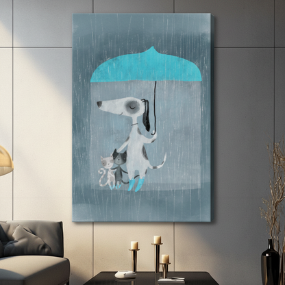 Stretched canvas wall art of a heartwarming storybook scene featuring a white dog in teal rain boots holding a blue umbrella with its tail while protecting two small cuddling kittens from the rain on a muted gray-blue background, hung on a dark gray tile wall beside a modern gray sofa with candlestick decor