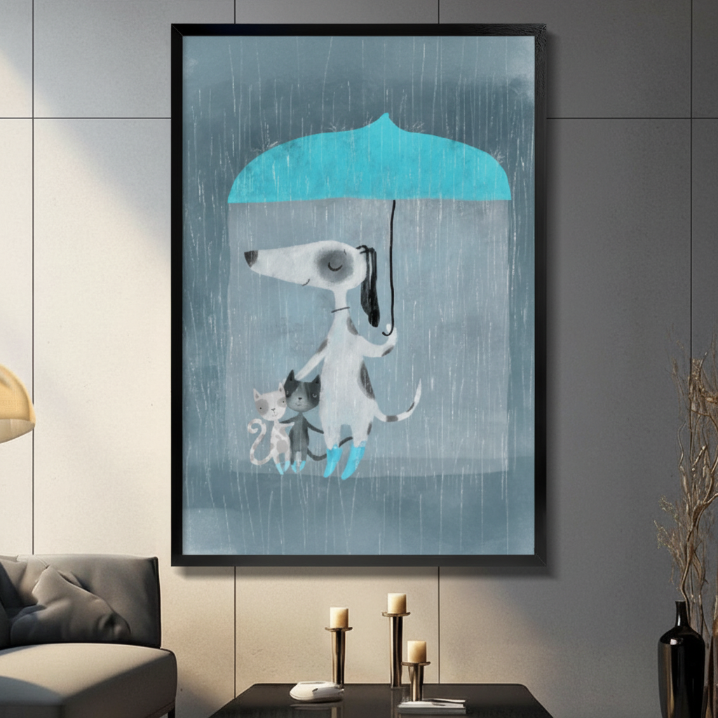 Black framed whimsical dog holding an umbrella over two cats in the rain canvas art with a white dog in blue rain boots sheltering a white kitten and a black and white kitten under a teal umbrella against a soft gray-blue rainy background, displayed on a dark gray tile wall above a black table with candlesticks beside a gray sofa