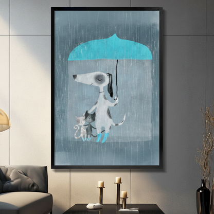 Black framed whimsical dog holding an umbrella over two cats in the rain canvas art with a white dog in blue rain boots sheltering a white kitten and a black and white kitten under a teal umbrella against a soft gray-blue rainy background, displayed on a dark gray tile wall above a black table with candlesticks beside a gray sofa