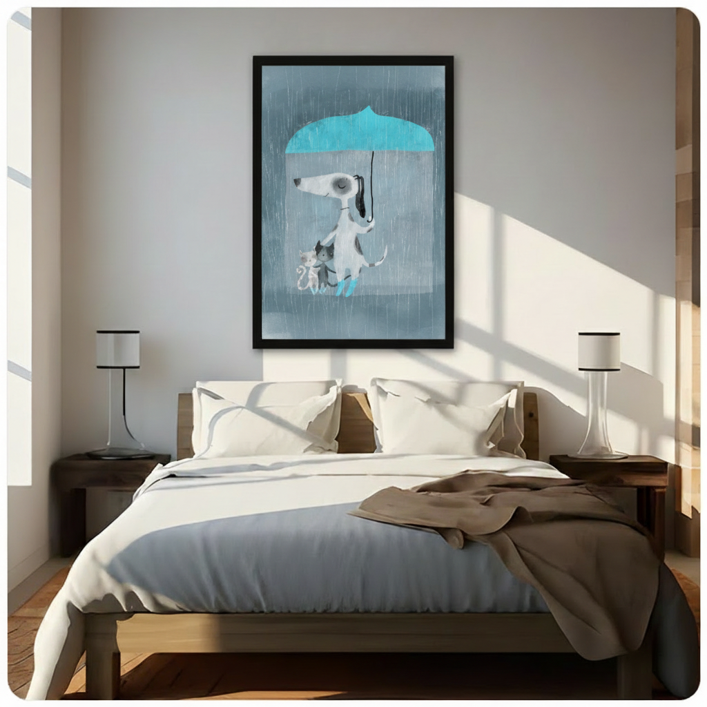 Black framed whimsical dog holding an umbrella over two kittens in the rain canvas art with a white dog in blue rain boots and a teal umbrella on a soft gray-blue rainy background, hung above a wooden bed frame in a sun-drenched minimalist bedroom with crisp white linen bedding and matching cylindrical nightstand lamps