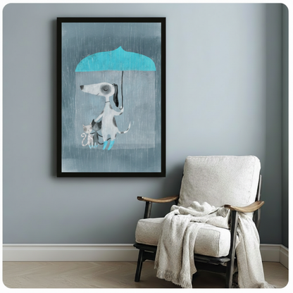 Black framed gentle storybook dog and cats in the rain canvas art showing a caring white dog in blue boots sheltering two kittens under a teal umbrella amid falling rain on a soft blue-gray background, displayed on a light blue-gray wall beside a black-framed upholstered armchair draped with a cream knit throw blanket