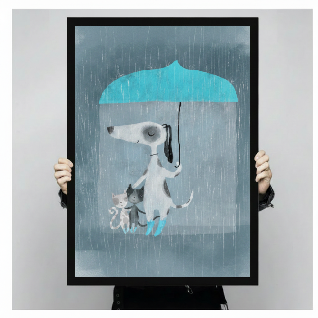 Person holding a large vertical black framed whimsical dog with umbrella and cats canvas art print showing a white dog in teal rain boots holding a blue umbrella with its tail to shelter a white kitten and a black and white kitten in the rain on a gray-blue background against a light gray studio backdrop