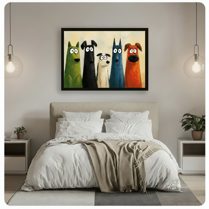 Framed whimsical dog canvas art hung above a bed in a neutral bedroom, featuring five colorful cartoon dogs with wide expressive eyes in a playful painted style