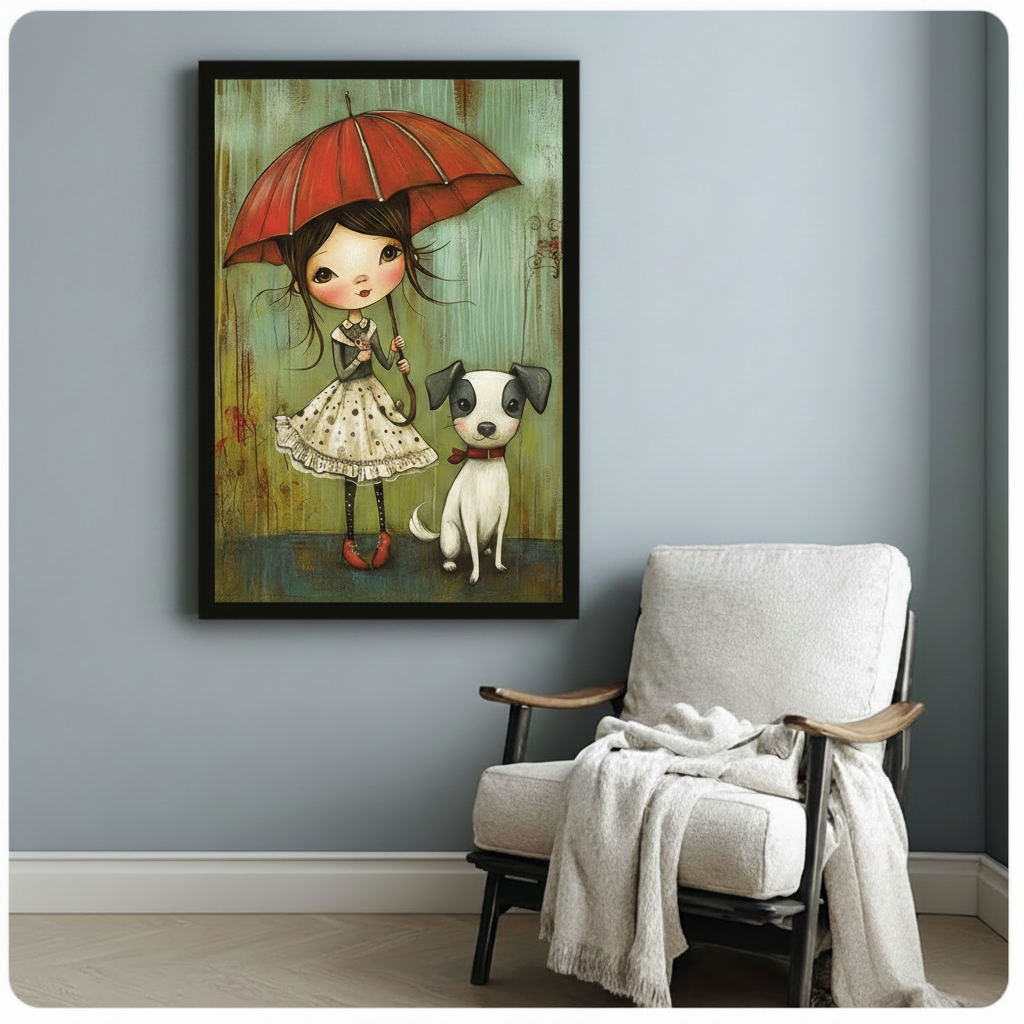 Black framed canvas print of a big-eyed doll-like girl in Victorian lace dress with red umbrella and spotted dog, hung on a light gray wall above a white linen armchair with a throw blanket