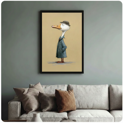 Whimsical duck canvas wall art above cream sofa and wood coffee table — character illustration print for transitional American interior
