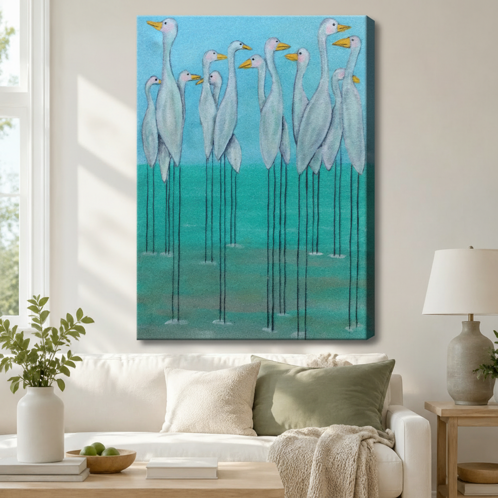 Stretched canvas whimsical white egret flock wall art featuring a crowd of graceful white egrets with golden yellow beaks and impossibly long thin black legs wading in luminous teal water beneath a bright sky blue background in a loose expressive painterly style, hung above a white sofa in a bright living room