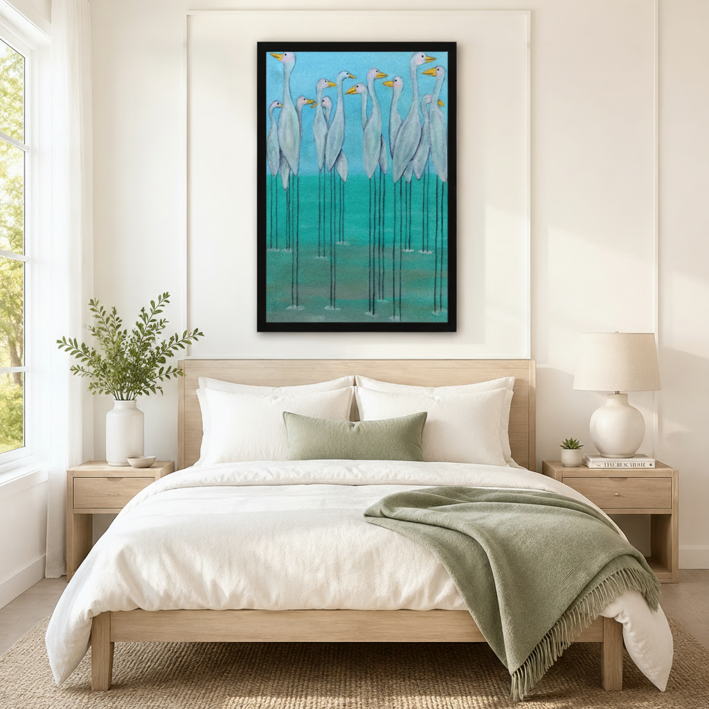 Black framed whimsical white egret flock canvas art with a flock of graceful white egrets with golden yellow beaks and impossibly long thin black legs standing in glowing teal water against a vivid sky blue background in expressive painterly style, hung above a light wood bed with white linen bedding and a sage green throw in a serene Scandinavian bedroom