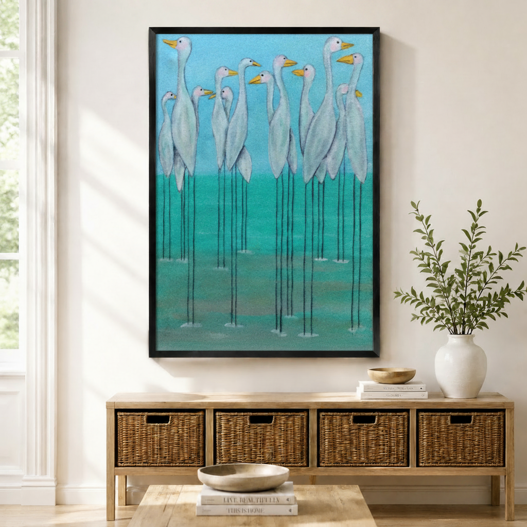 Black framed whimsical white egret flock canvas art with a group of tall slender white egrets with yellow beaks and ultra-thin black legs standing together in shallow teal water against a vibrant sky blue and turquoise painterly background, displayed above a rattan storage console in a bright entryway
