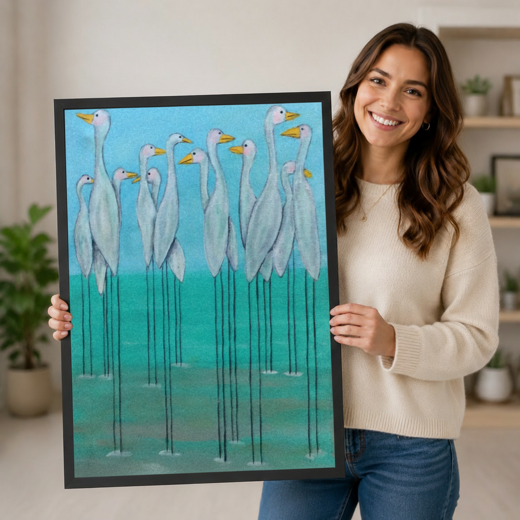 Smiling woman in a cream sweater holding a large black framed whimsical white egret flock canvas art print with a crowd of tall slender white egrets with yellow beaks and ultra-thin black legs wading in teal water on a bright sky blue and turquoise painterly background