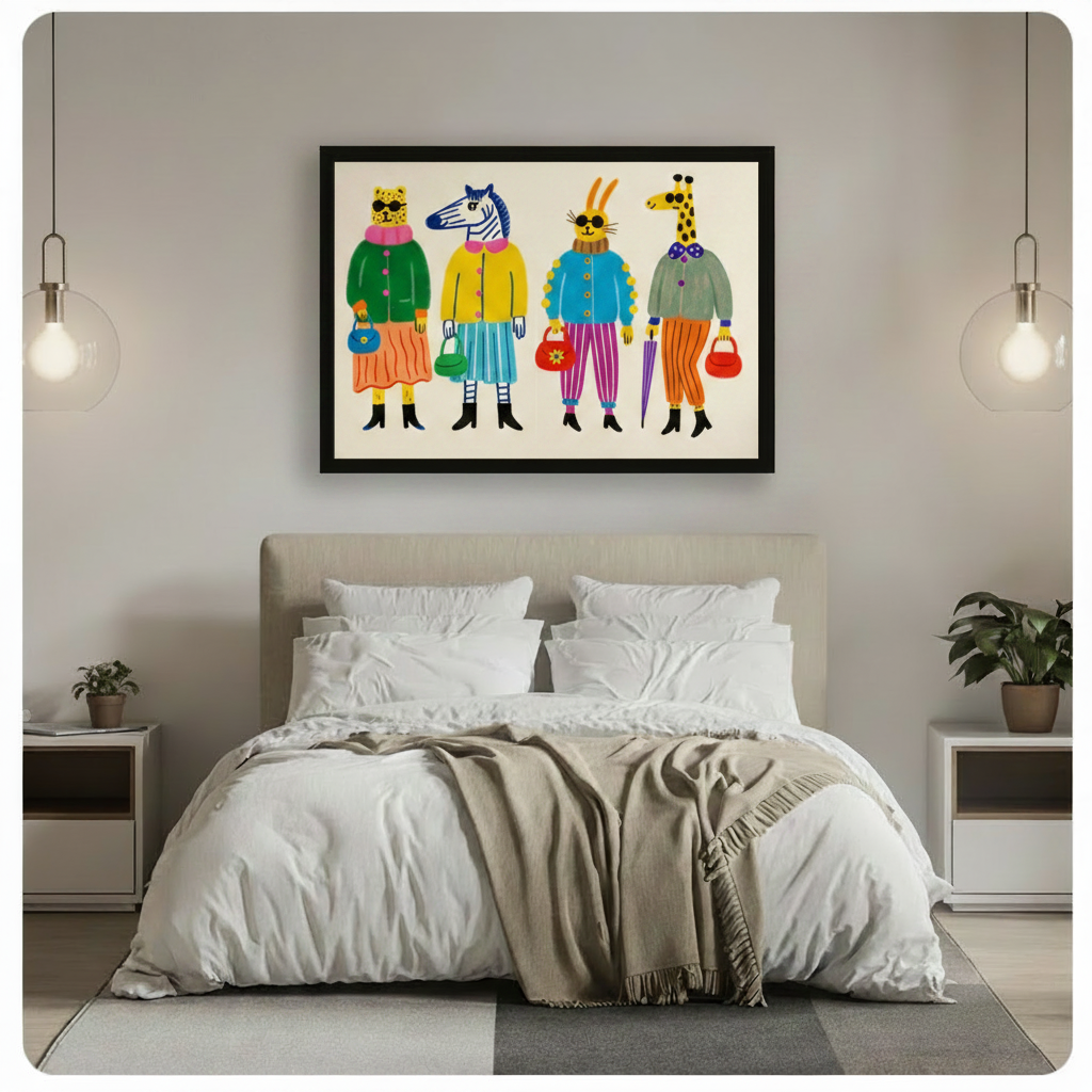 Whimsical fashion animals framed wall art above bed in minimalist bedroom, fun colorful animal illustration print for eclectic bedroom decor