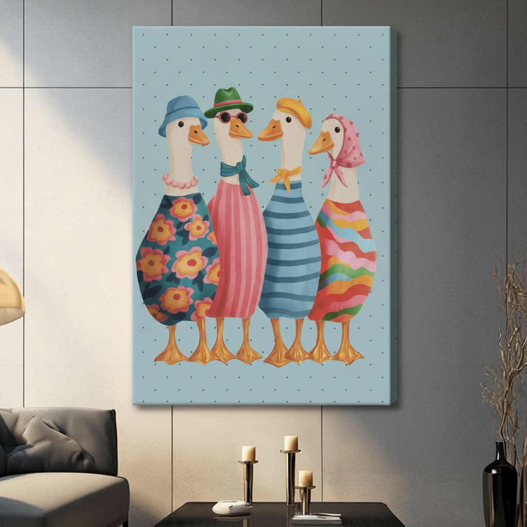 Stretched canvas whimsical fashionable ducks squad wall art featuring four dressed-up white ducks wearing hats sunglasses and colorful patterned outfits standing together on a soft blue polka dot background, hung on a gray panel wall above a dark gray sofa