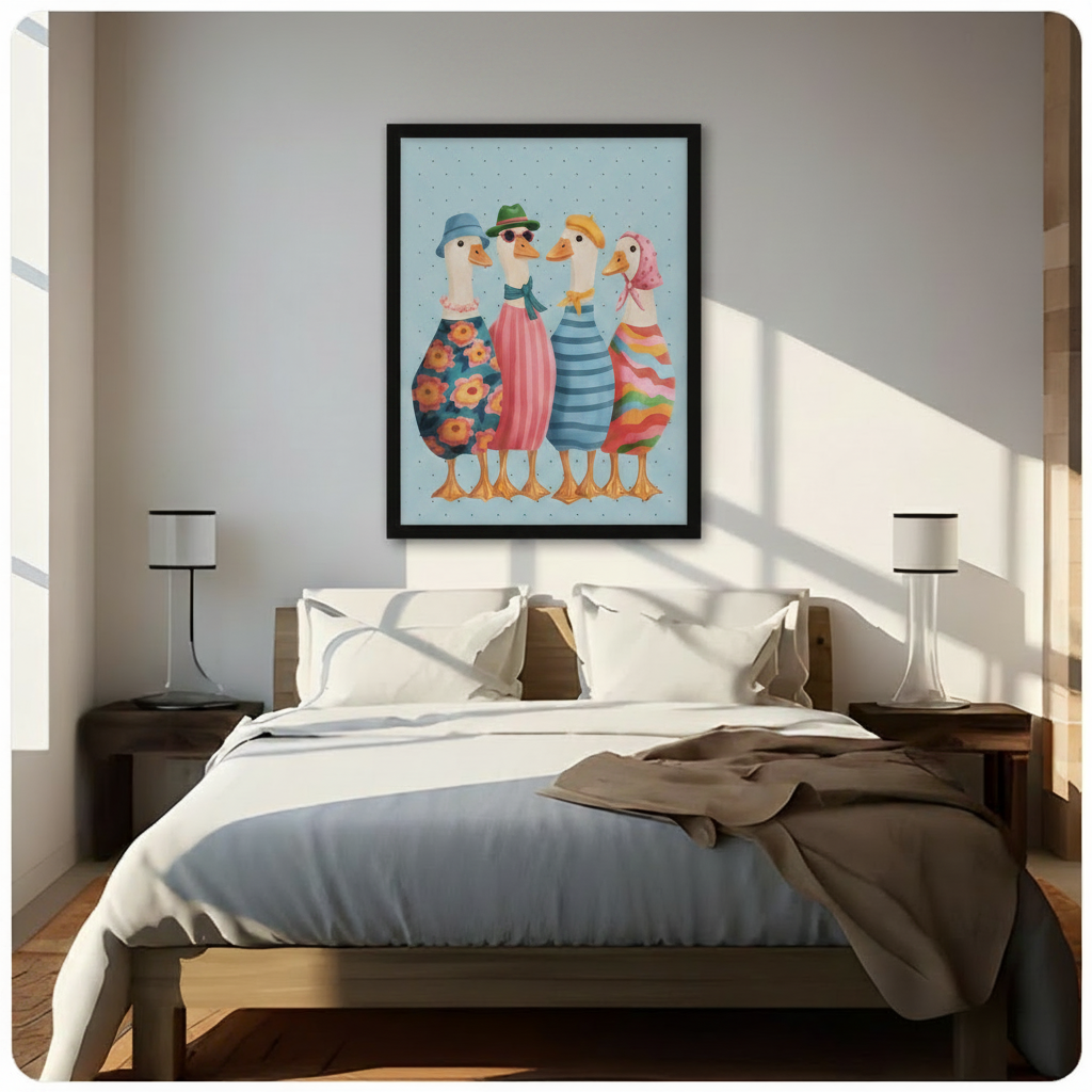 Black framed whimsical fashionable ducks squad canvas art with four dressed-up white ducks in colorful floral striped and rainbow outfits and hats on a soft blue polka dot background, hung above a dark wood bed with white linen bedding