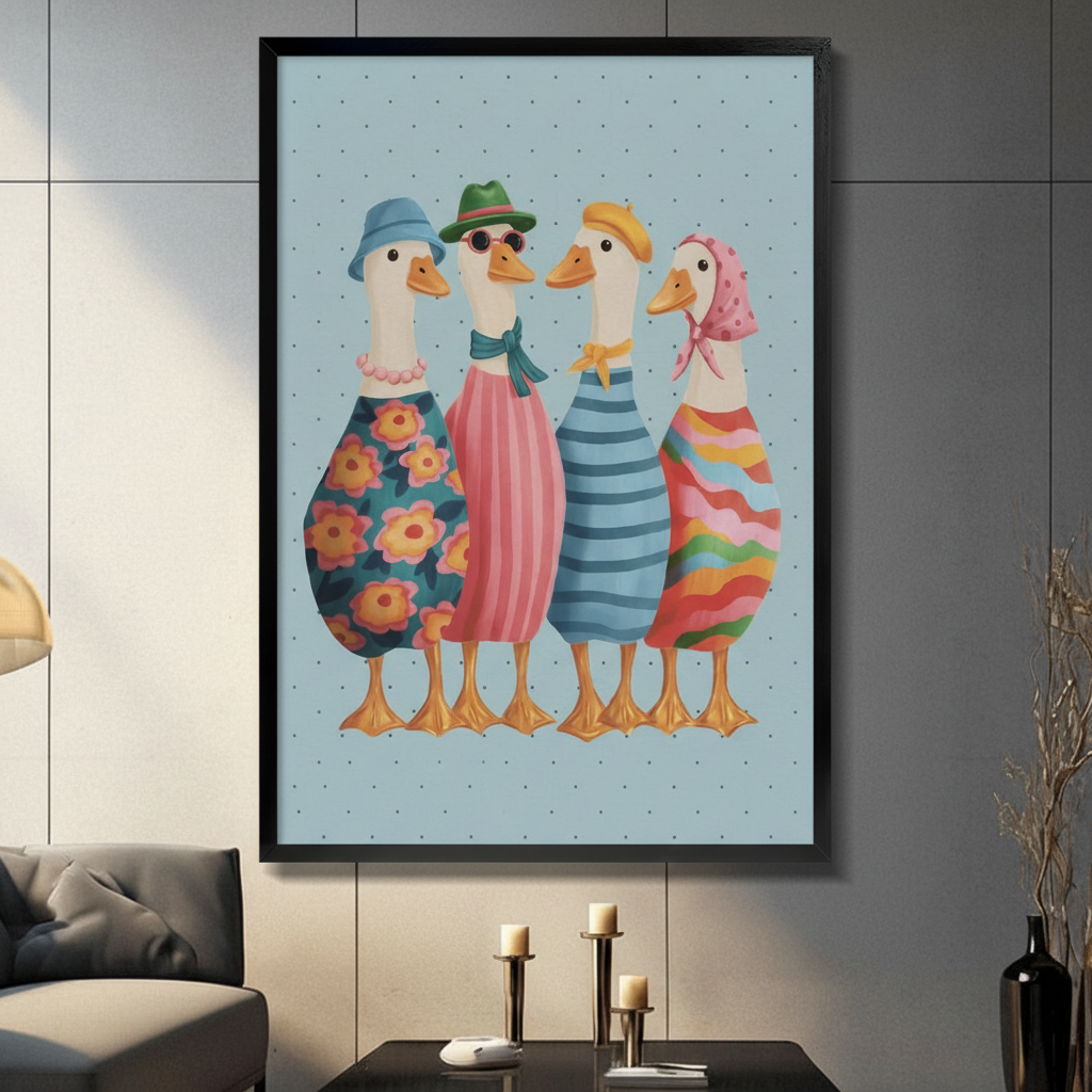 Black framed whimsical fashionable ducks squad canvas art with four stylish white ducks in colorful outfits and hats on a soft blue polka dot background, hung on a gray panel wall above a dark gray sofa