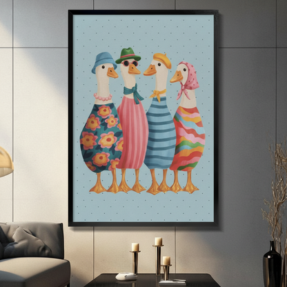 Black framed whimsical fashionable ducks squad canvas art with four stylish white ducks in colorful outfits and hats on a soft blue polka dot background, hung on a gray panel wall above a dark gray sofa