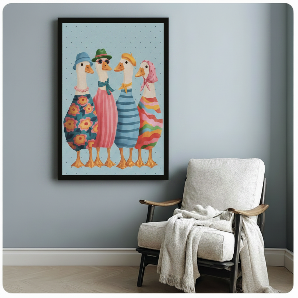 Black framed whimsical fashionable ducks squad canvas art showing four charming white ducks in floral striped and rainbow outfits with hats and accessories on a soft blue polka dot background, displayed beside a white linen armchair with a cream throw
