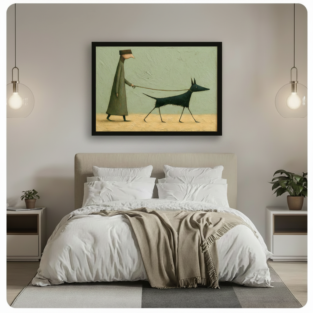 Framed surreal dog walking wall art hung above a linen bed in a soft neutral bedroom, depicting a quirky elongated figure strolling with a sleek black dog