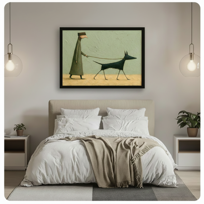 Framed surreal dog walking wall art hung above a linen bed in a soft neutral bedroom, depicting a quirky elongated figure strolling with a sleek black dog