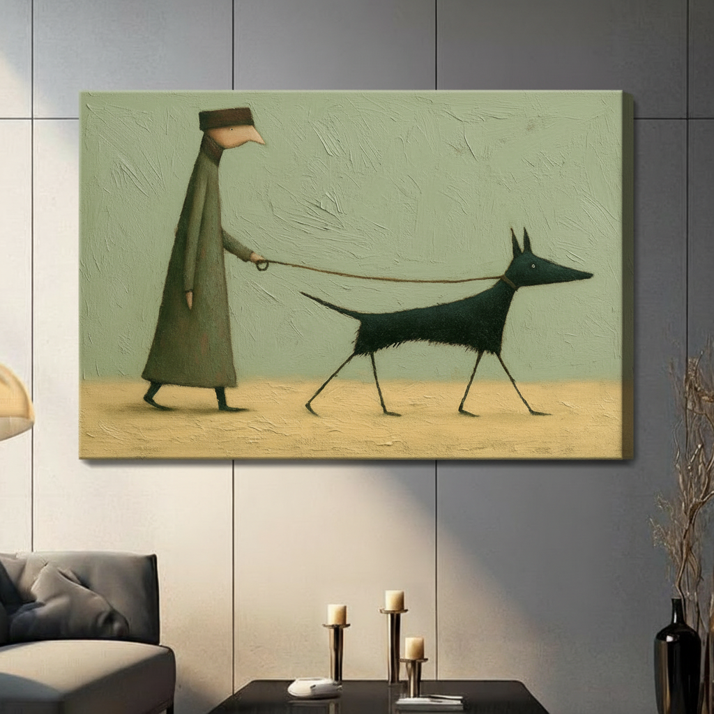 Gallery wrap canvas featuring a surreal figure in a long olive coat leading a thin black dog across a sandy landscape, hung on a grey panelled wall in a contemporary living room