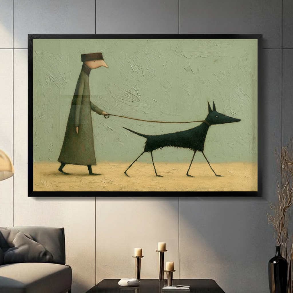 Framed wall art print of a whimsical elongated figure in a grey coat walking a sleek black dog on a leash, displayed on a dark grey tiled wall in a modern living room