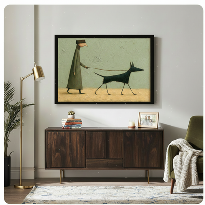 Black-framed whimsical dog walking art print hung above a mid-century walnut sideboard in a light-filled living room, featuring a surreal figure in olive coat with a black dog on leash