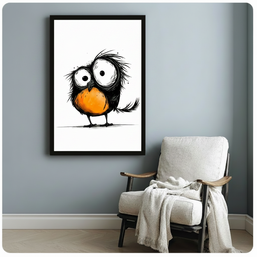 Black-framed whimsical art print of a chubby black bird with messy feathers, large round eyes, and a vivid orange chest in a loose ink sketch style, styled beside a white armchair on a blue-gray wall