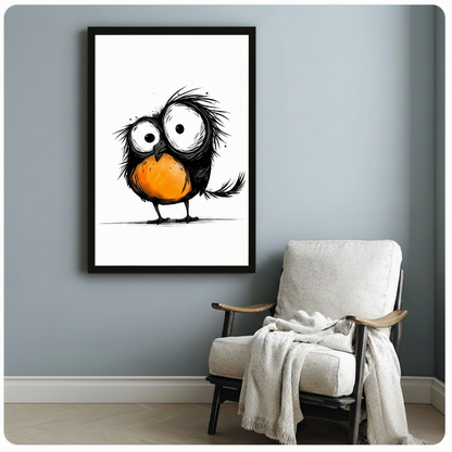 Black-framed whimsical art print of a chubby black bird with messy feathers, large round eyes, and a vivid orange chest in a loose ink sketch style, styled beside a white armchair on a blue-gray wall