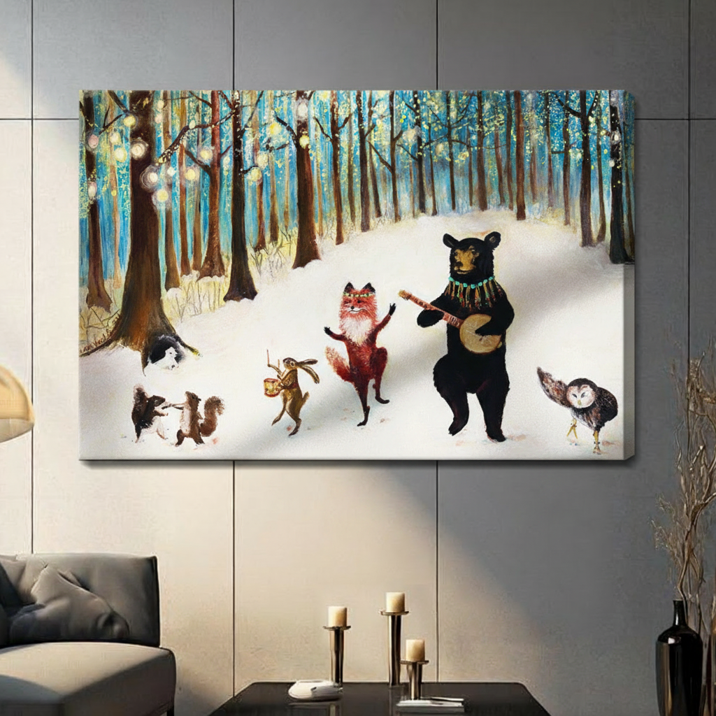Fairy tale oil painting woodland animals winter concert bear with banjo dancing fox drumming rabbit and owl in enchanted snowy forest with teal blue trees and glowing lanterns gallery wrap horizontal canvas art on a dark gray paneled wall above a charcoal sofa
