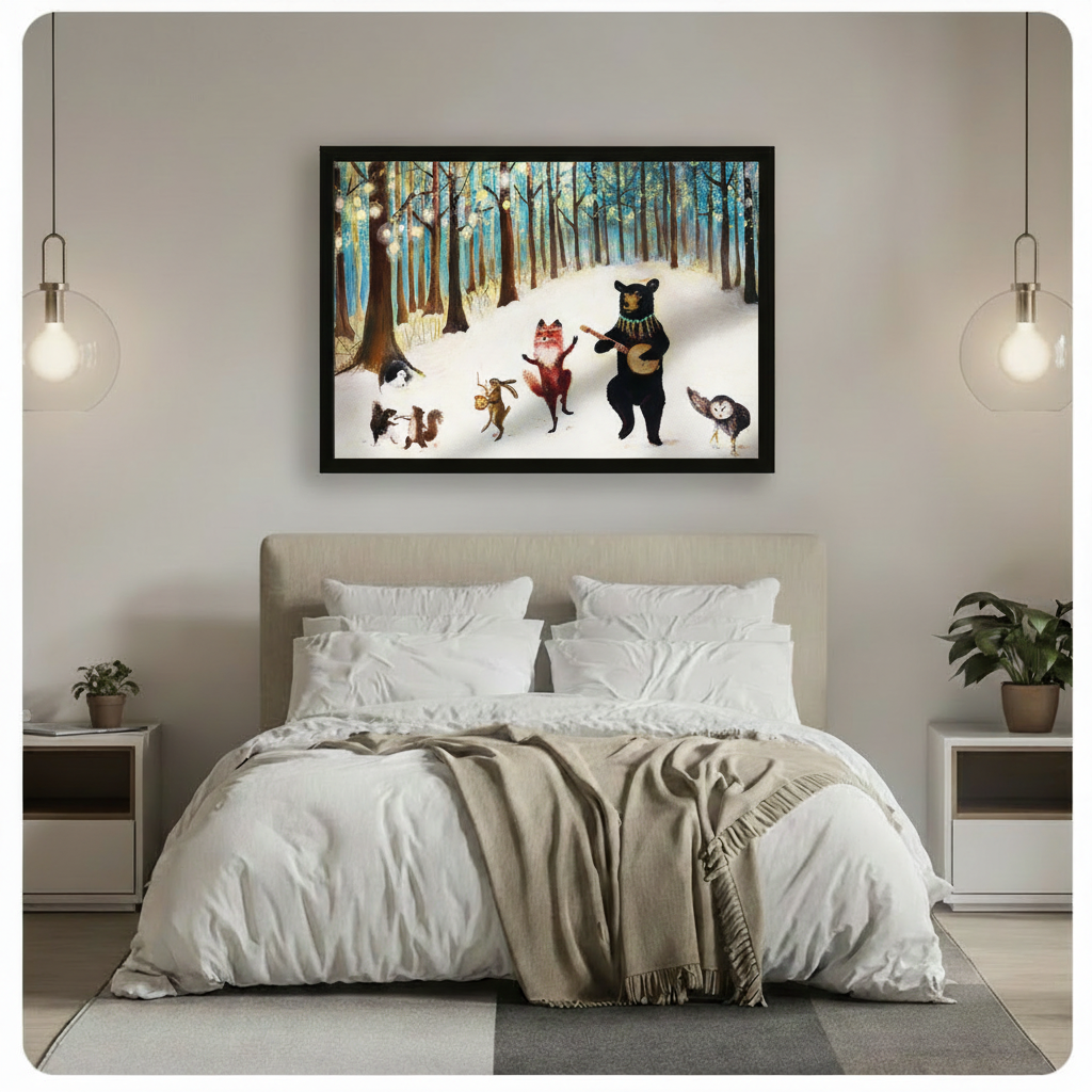 Black framed whimsical oil painting forest animals winter music party horizontal canvas art above a bed with white linen bedding, a taupe throw blanket, white nightstands with potted plants, and globe pendant lights in a modern bedroom