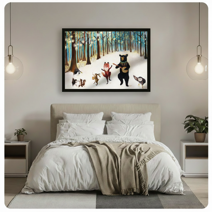 Black framed whimsical oil painting forest animals winter music party horizontal canvas art above a bed with white linen bedding, a taupe throw blanket, white nightstands with potted plants, and globe pendant lights in a modern bedroom