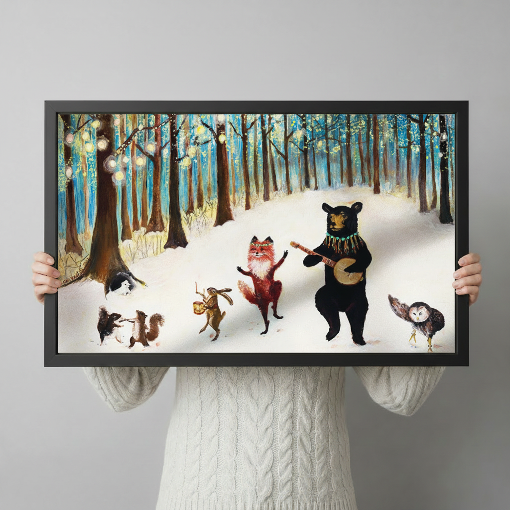 Person in cream knit sweater holding a black framed whimsical forest animals music party horizontal canvas art featuring bear fox rabbit squirrel and owl dancing in snowy teal forest with string lights against a light gray backdrop