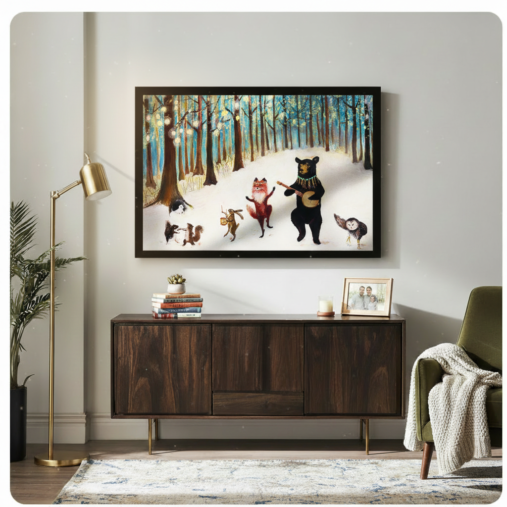 Black framed whimsical fairy tale forest animals music party horizontal canvas art with bear fox rabbit squirrel and owl in snowy teal forest above a dark walnut sideboard with stacked books and a succulent beside a brass floor lamp and olive green armchair