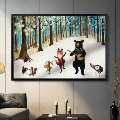 Whimsical oil painting style forest animals music party black bear playing banjo red fox dancing rabbit drumming squirrel and owl in snowy forest with glowing string lights black framed horizontal canvas art on a dark gray paneled wall above a charcoal sofa with brass candle holders