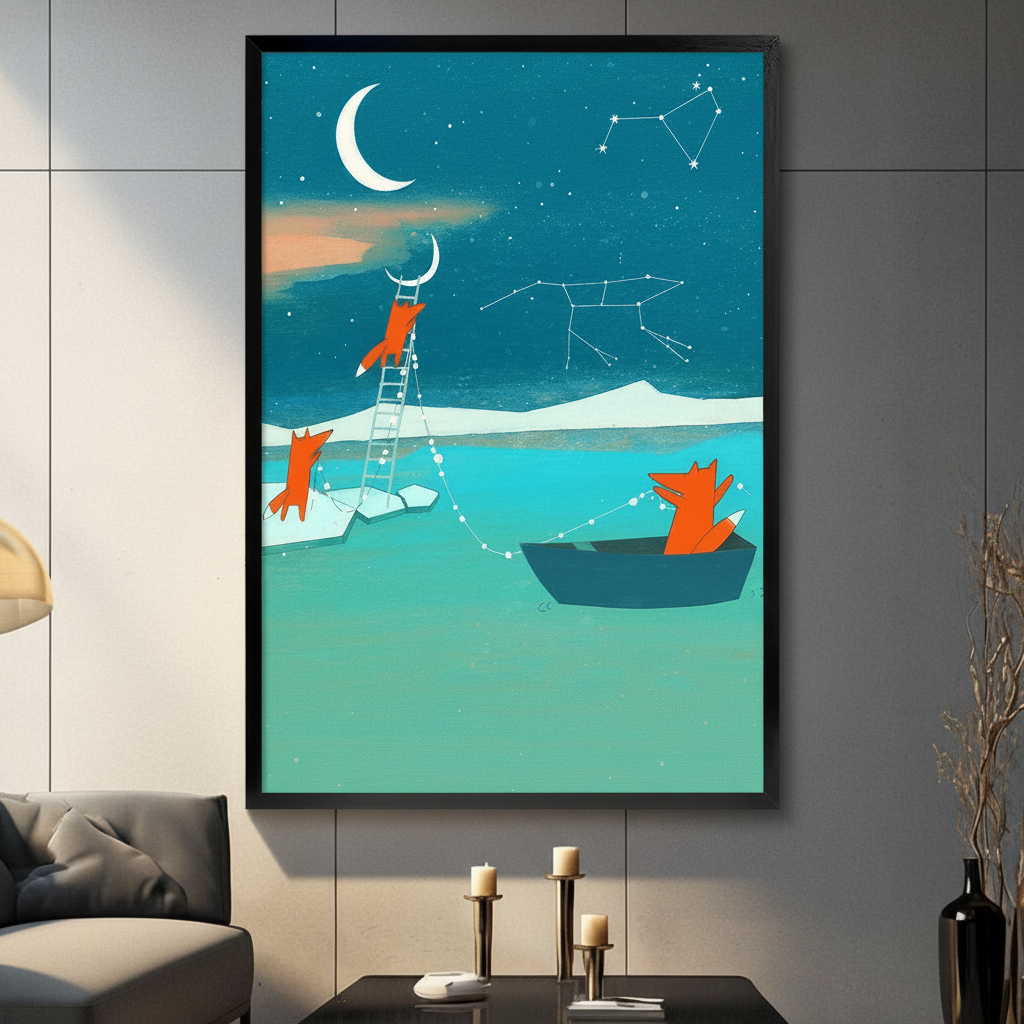 Whimsical fox constellation night sky framed wall art print displayed above sofa in modern living room
