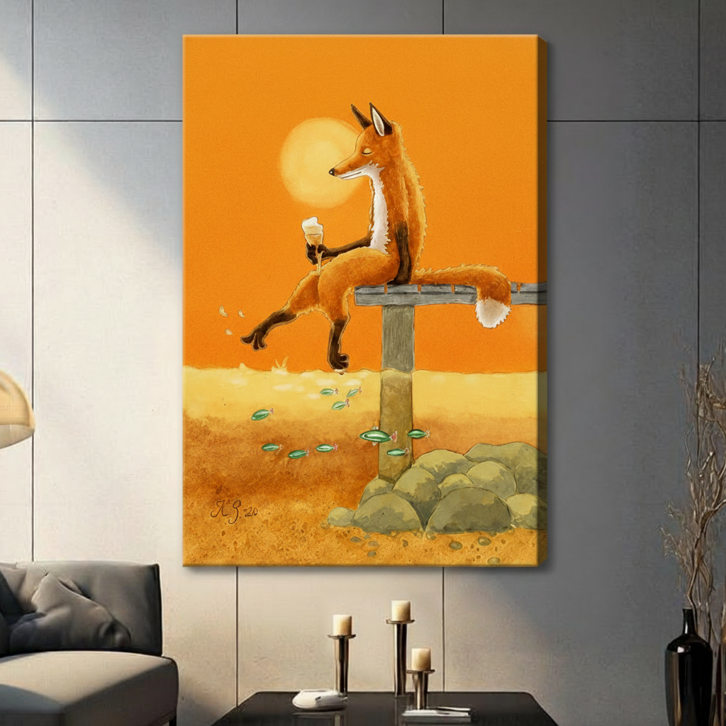 Canvas print of whimsical fox perched on wooden bench with wine glass against vibrant orange sunset background in living room