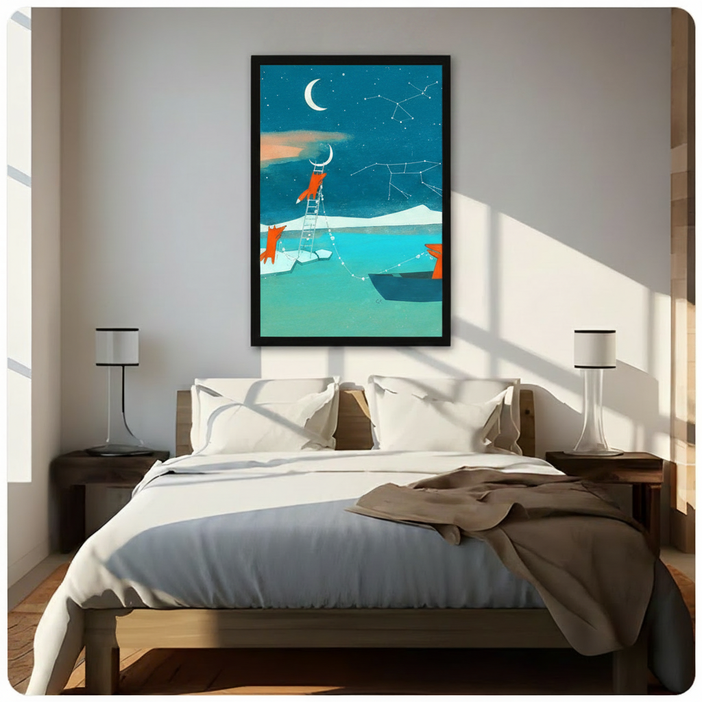 Whimsical fox and crescent moon framed wall art print above bed in bright bedroom with natural light and nightstands