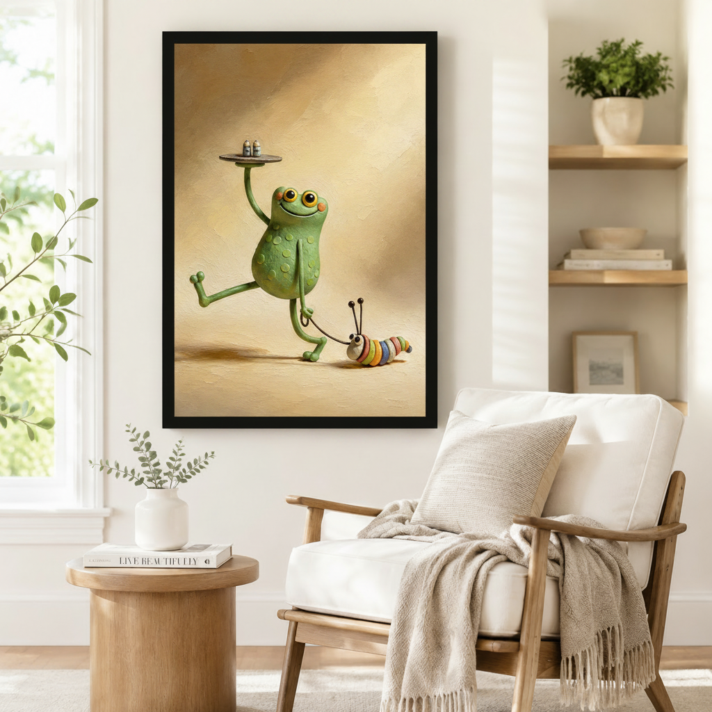 Playful framed wall art print of a 3D-style green frog waiter striding confidently with a tray overhead and a colorful caterpillar on a leash, styled beside an armchair in a cozy reading corner
