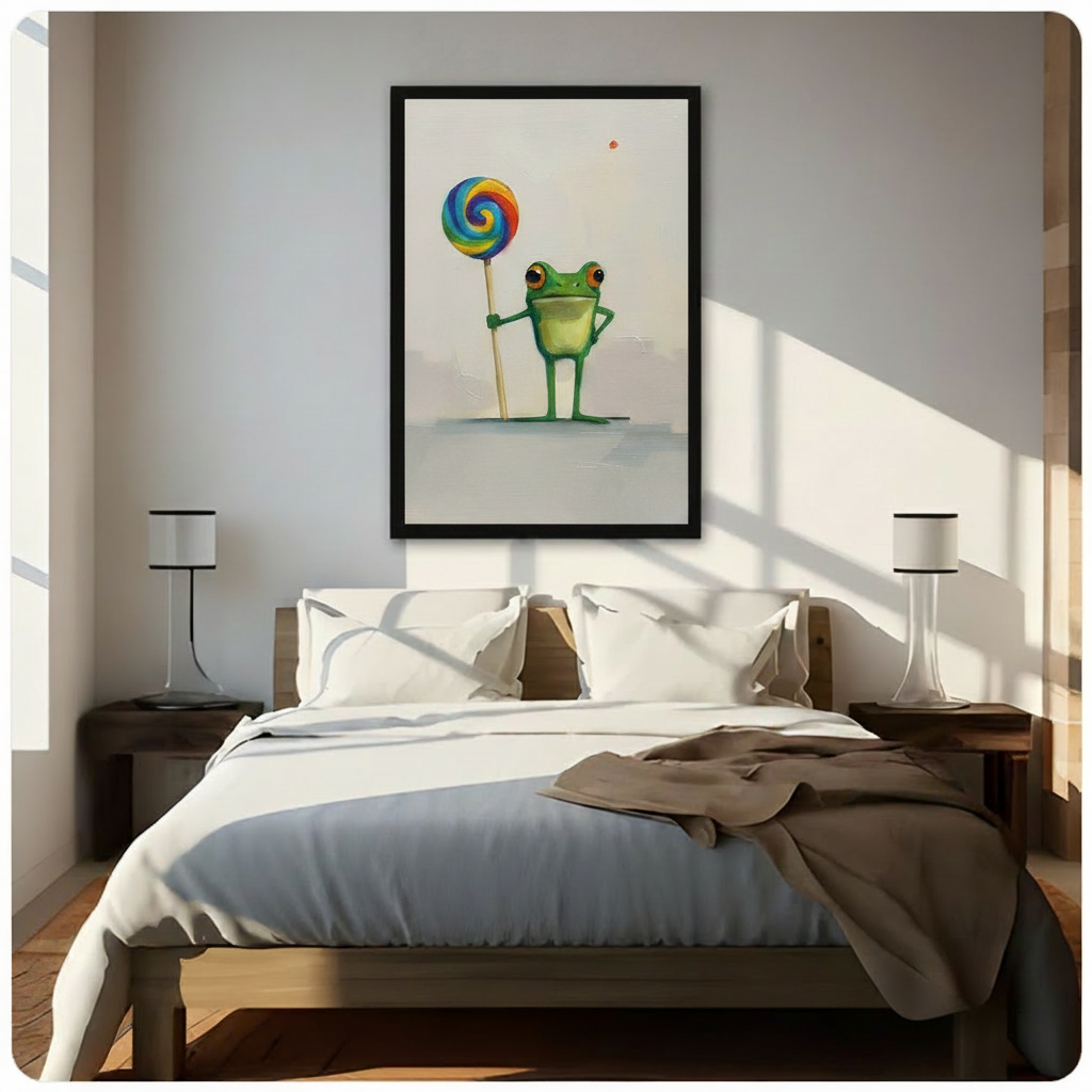 Black framed whimsical green frog with rainbow lollipop canvas art with a confident cartoon green frog with big amber eyes standing with one hand on hip holding a tall swirling blue yellow and red rainbow lollipop on a stick in thick oil-paint style on a soft off-white background, hung above a dark wood bed with white linen bedding in a sunlit minimal bedroom